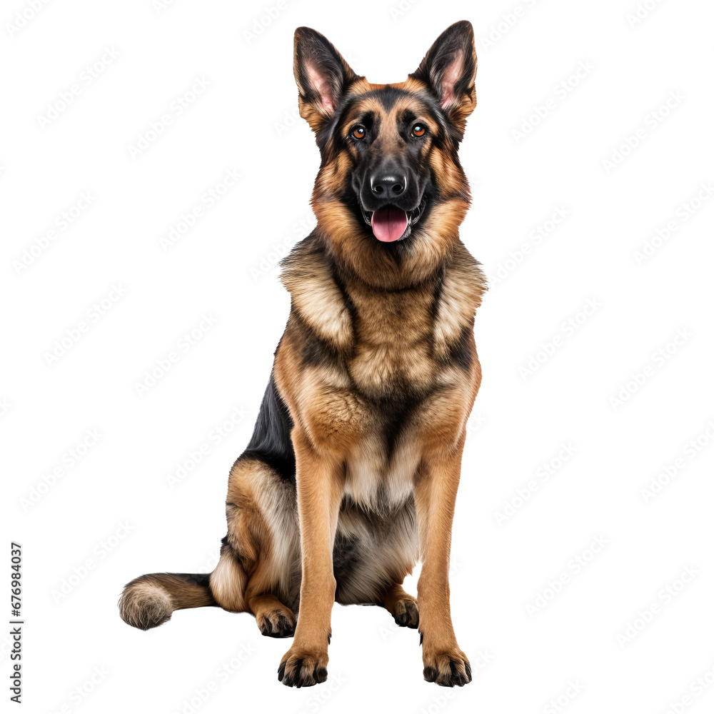 A full-bodied German Shepherd dog stands alert with perked ears, captured in a clear image on a transparent background, showcasing its muscular build and focused gaze.