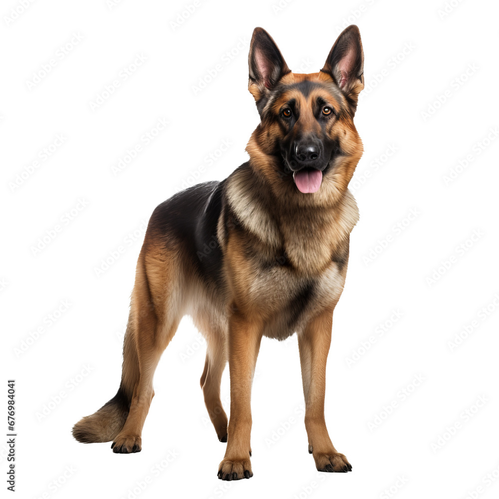 A full-body German Shepherd stands alert, its detailed silhouette portrayed against a transparent backdrop, showcasing its strong physique and keen demeanor.