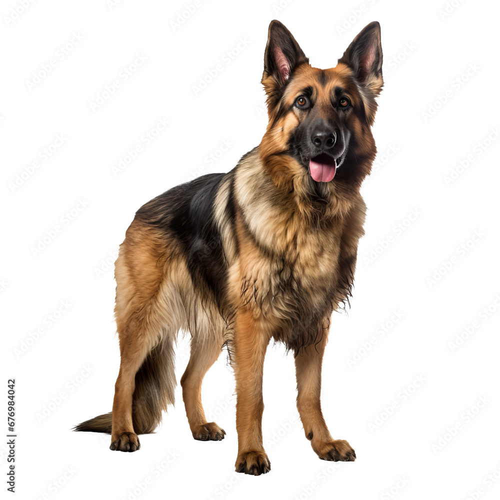 Full-body image of a German Shepherd dog standing alert, detailed fur texture, on a clean transparent background for easy overlay.