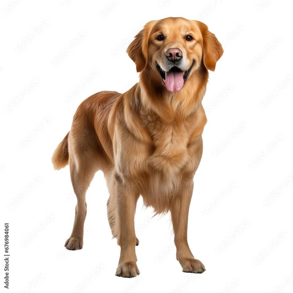 Golden retriever, full-body pose, on transparent background, showcasing its fluffy golden fur and friendly demeanor.