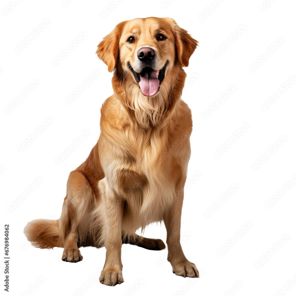 Golden retriever in full view, poised and alert, radiating warmth, displayed against a clear backdrop for versatile use.