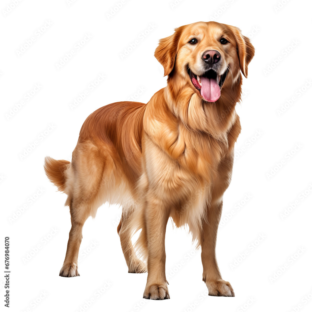Golden retriever in full stands alert on a clear background, showcasing its fluffy golden coat and friendly demeanor. Golden retriever in full stands alert on a clear background, showcasing its fluffy golden coat and friendly demeanor.