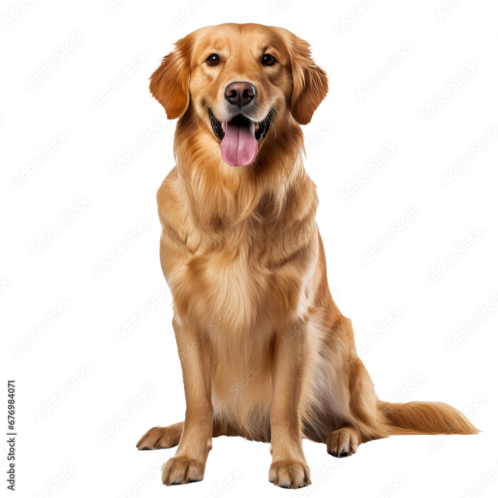 Golden retriever standing, full canine body displayed against a transparent backdrop, exuding friendliness.