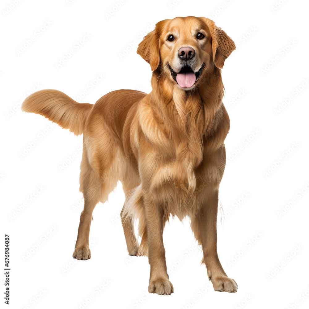 Golden retriever in full view stands alert on a transparent backdrop, showcasing its lush coat and friendly demeanor.