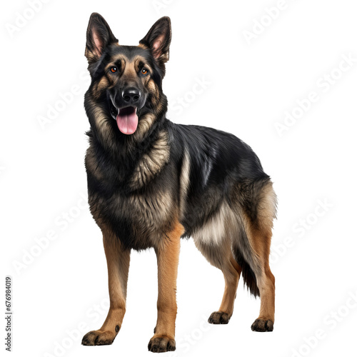 A full-body image of a German Shepherd dog displayed against a transparent background  showcasing its poised stance and features.