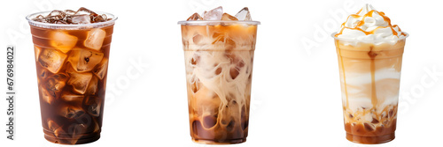 Iced coffee cups isolated on transparent background, side view, view from above, delicious iced latte coffee drink in glasses with ice cubes, cold beverage.