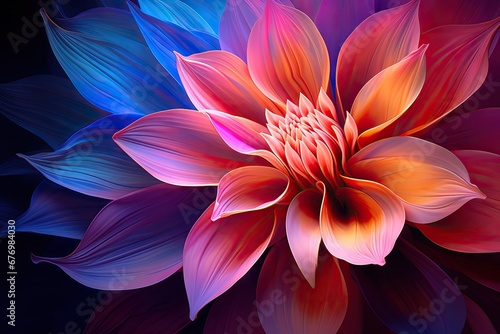 Colorful flower in neon colors on black background. Abstract multicolor floral backdrop with copy space. Magic fantasy flower	 #676984030