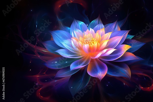 Colorful flower in neon colors on black background. Abstract multicolor floral backdrop with copy space. Magic fantasy flower 