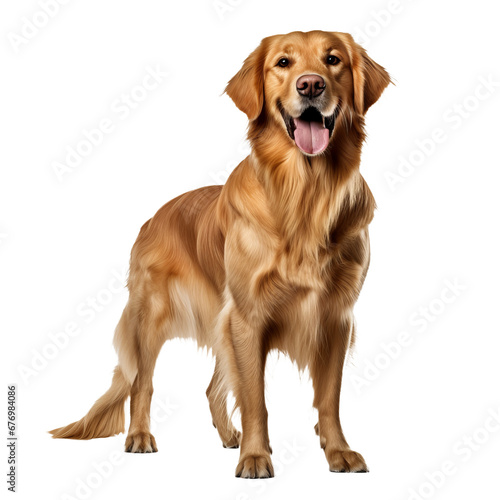 Golden retriever, full-bodied and fluffy on a transparent backdrop, exudes warmth and friendliness with its amiable stance.