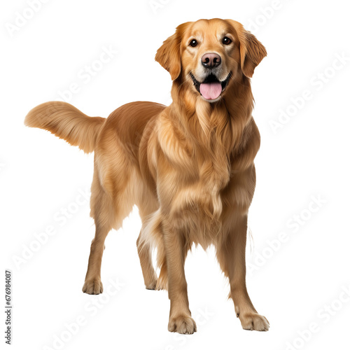 Golden retriever in full view stands alert on a transparent backdrop, showcasing its lush coat and friendly demeanor.