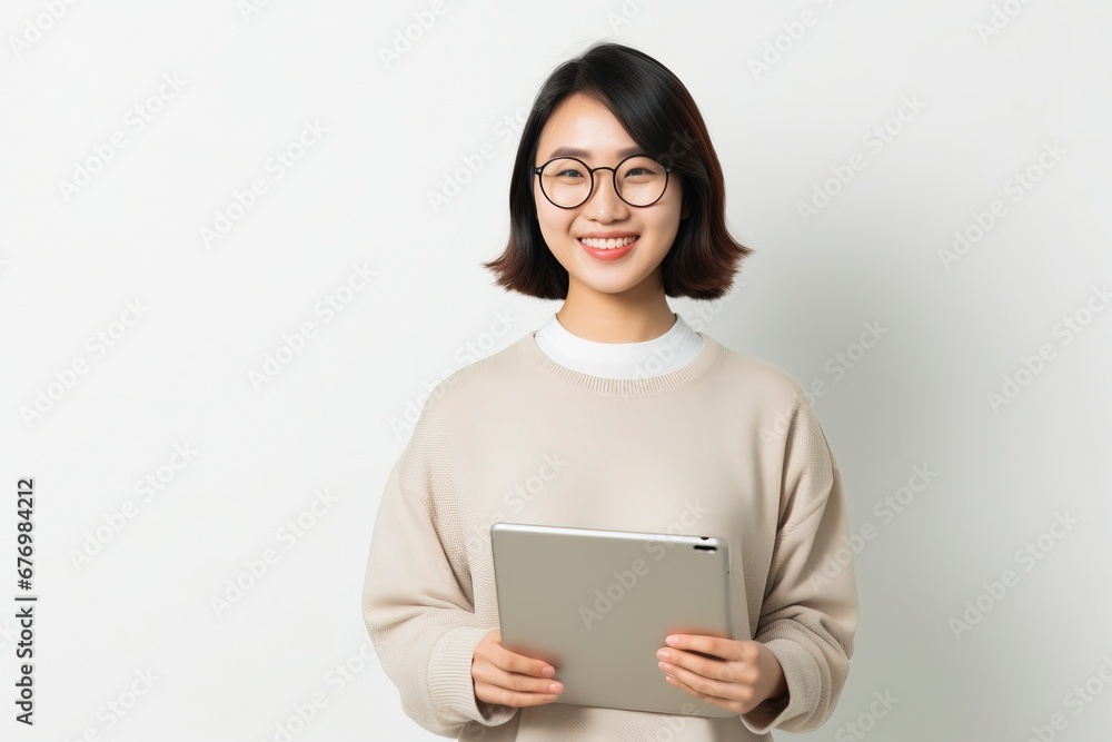 Image of young asian woman company worker in glasses smiling and holding digital tablet standing over white background, generative ai Image of young asian woman company worker in glasses smiling and holding digital tablet standing over white background, generative ai