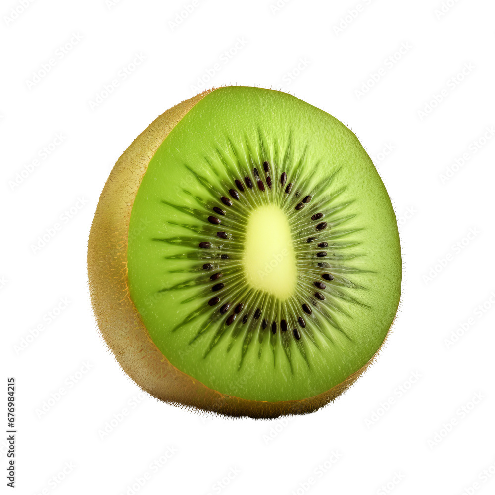 Vivid full-body illustration of a ripe kiwi fruit, detailed texture, sliced cross-section, on a clean transparent backdrop. Vivid full-body illustration of a ripe kiwi fruit, detailed texture, sliced cross-section, on a clean transparent backdrop.