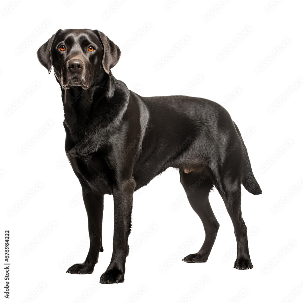 A full-bodied Labrador Retriever stands, its friendly demeanor captured in clear detail against a seamless transparent backdrop, ready for use in various designs.