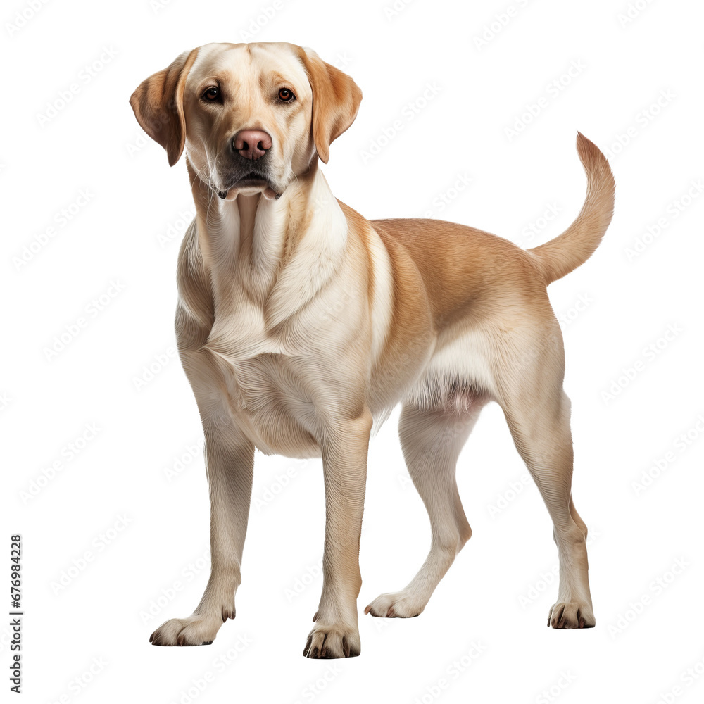 A full-body image of a Labrador Retriever dog standing alert on a transparent background, showcasing its friendly and loyal demeanor.
