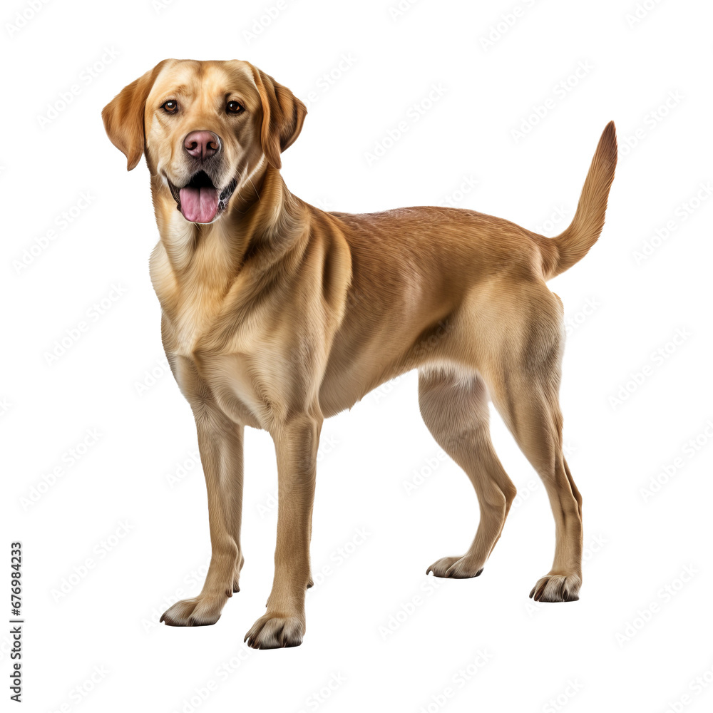 A Labrador Retriever stands in full profile, showcasing its sturdy build and friendly demeanor, set against a clear, transparent background.