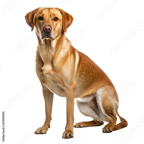 A full-body image of a Labrador Retriever dog standing alert with a friendly demeanor  displayed on a clear transparent background.