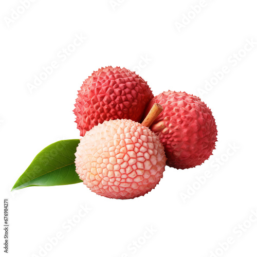 Lychee fruit with a full, reddish-pink rind, juicy translucent flesh, and a brown seed showcased in high detail against a transparent backdrop.