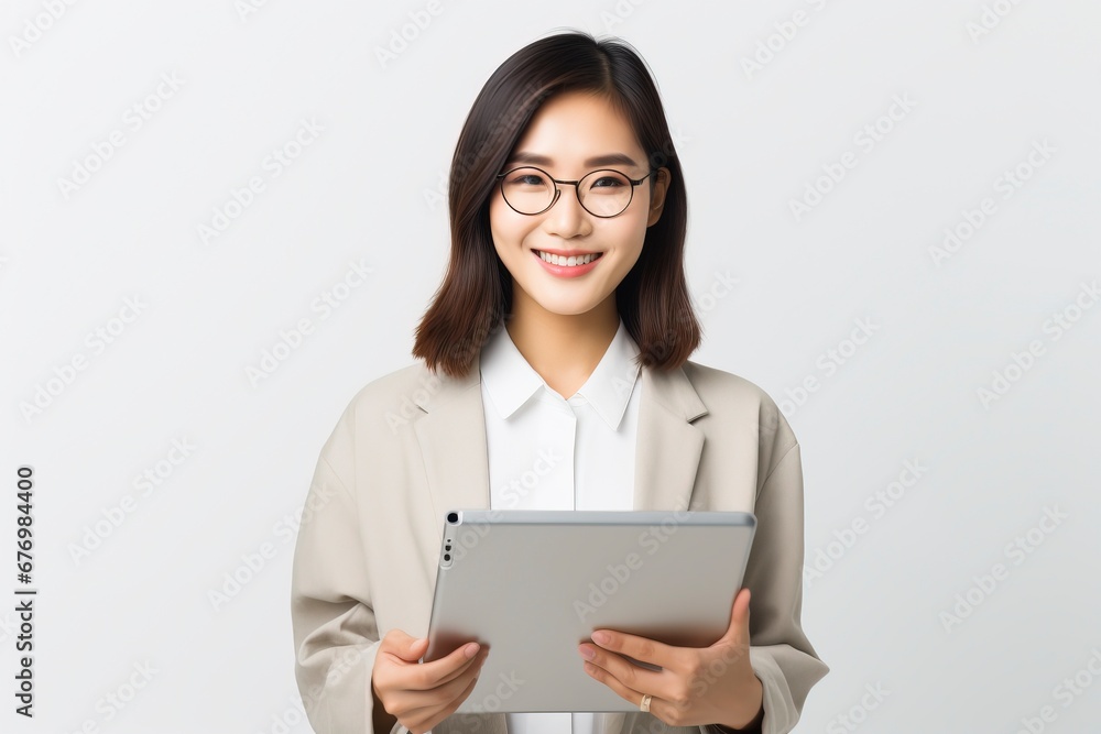 Image of young asian woman company worker in glasses smiling and holding digital tablet standing over white background, generative ai Image of young asian woman company worker in glasses smiling and holding digital tablet standing over white background, generative ai