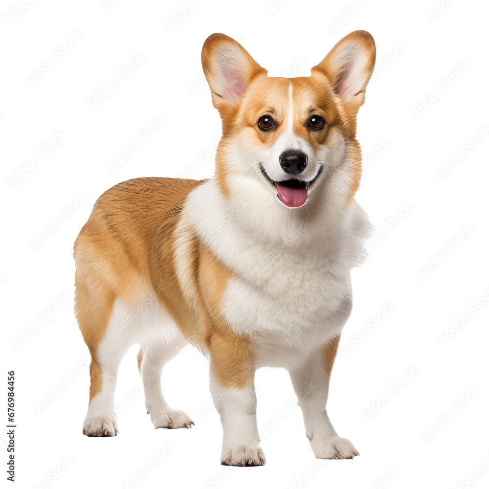 Pembroke Welsh Corgi, full body displayed, stands alert on a transparent background, showcasing its short stature and foxy features.