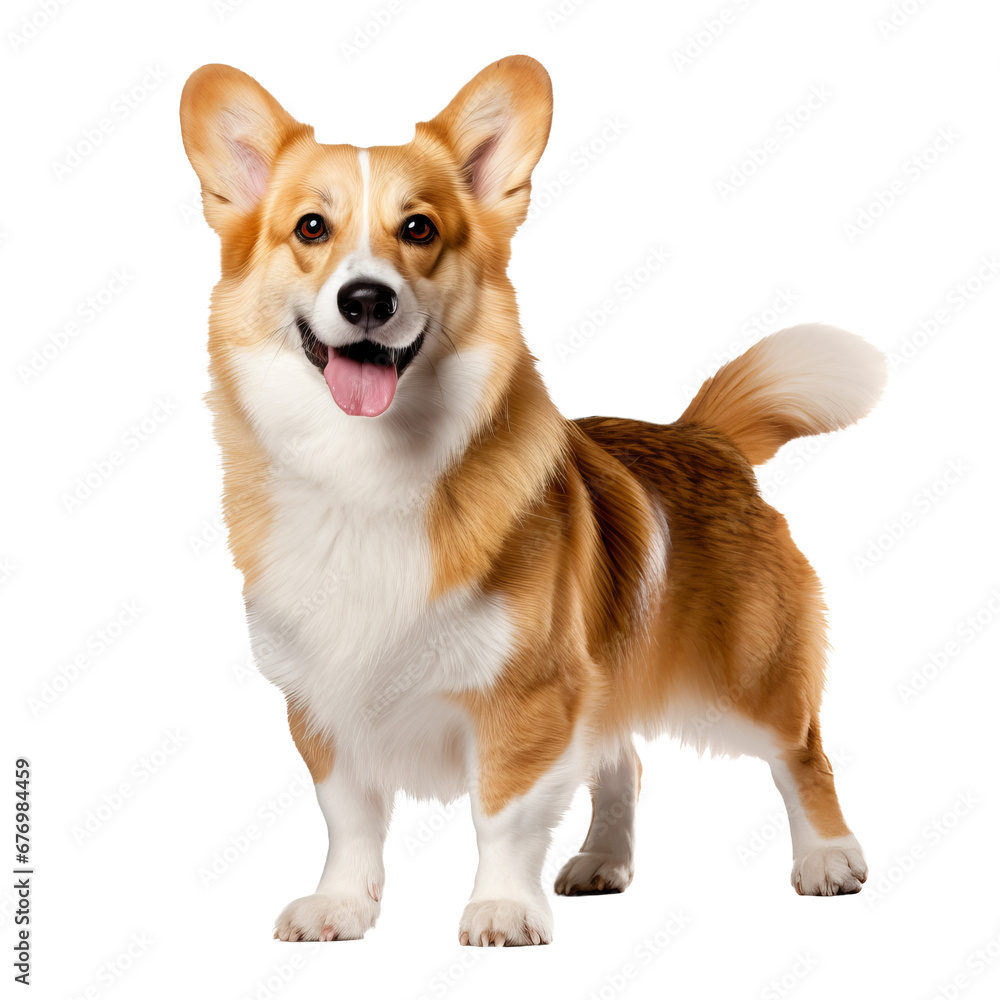 A full-body illustration of a Pembroke Welsh Corgi, with its characteristic stubby legs and foxy face, displayed on a transparent background.