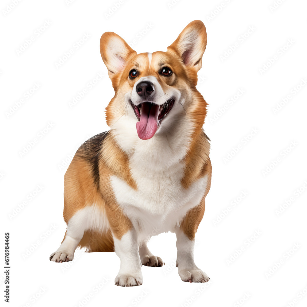 A full-bodied Pembroke Welsh Corgi dog stands alert, showcasing its fluffy coat and short legs, set against a clean transparent backdrop for easy use.