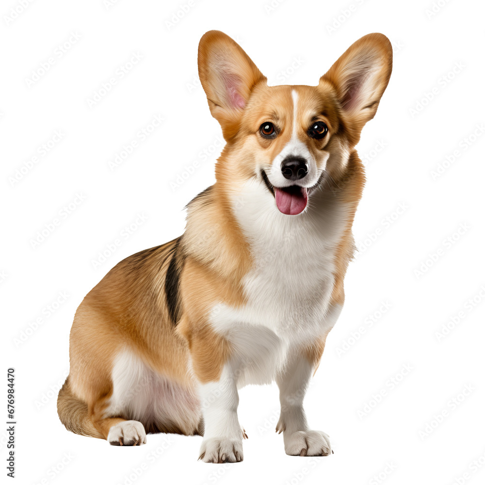 Pembroke Welsh Corgi, full-body view, standing alert on a clear, transparent background, showcasing its short-legged silhouette and foxy face.