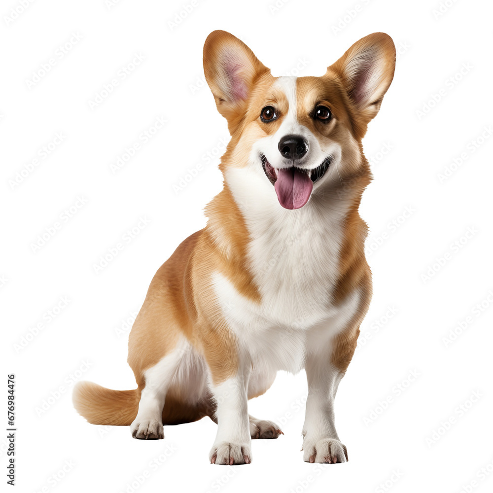 Pembroke Welsh Corgi stands in profile, showcasing full body with erect ears and fluffy tail, against a clear, transparent backdrop.