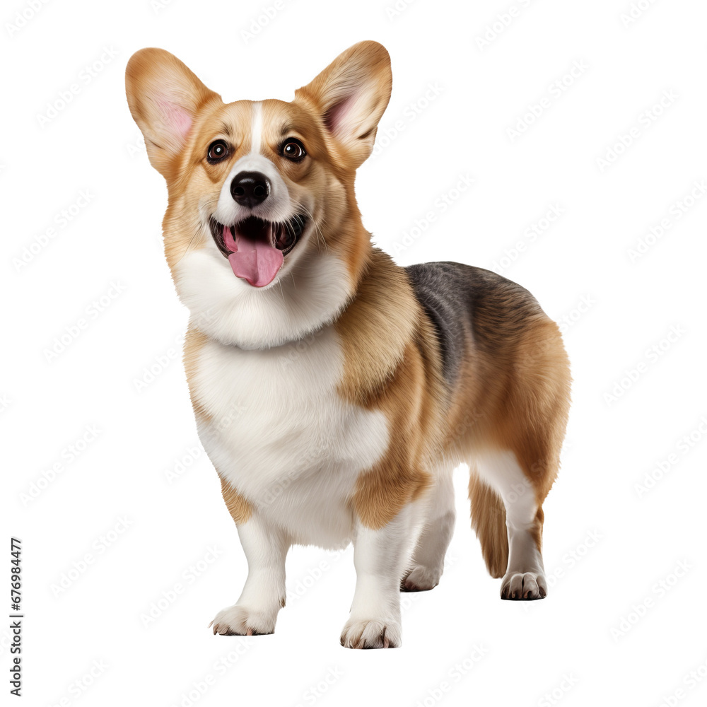 A Pembroke Welsh Corgi dog stands in full body view on a transparent background, showcasing its short legs, foxy face, and fluffy coat.