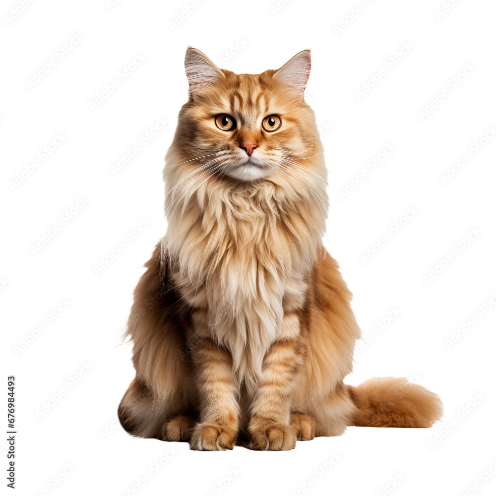 A fluffy Persian cat is showcased in full body view, elegantly posed against a clear transparent background.