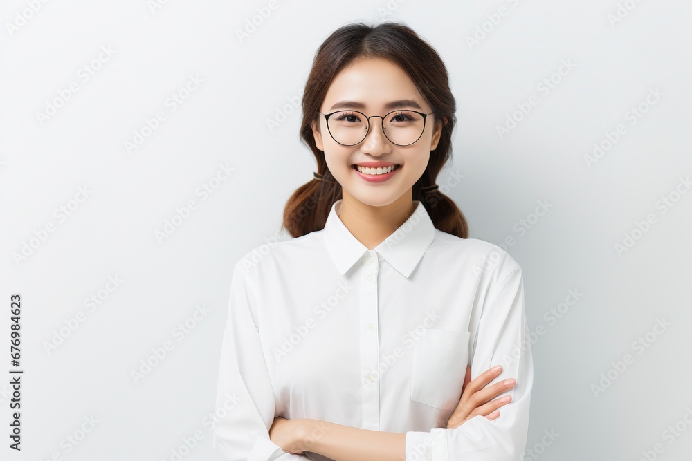Image of young asian woman company worker in glasses smiling and holding digital tablet standing over white background, generative ai Image of young asian woman company worker in glasses smiling and holding digital tablet standing over white background, generative ai