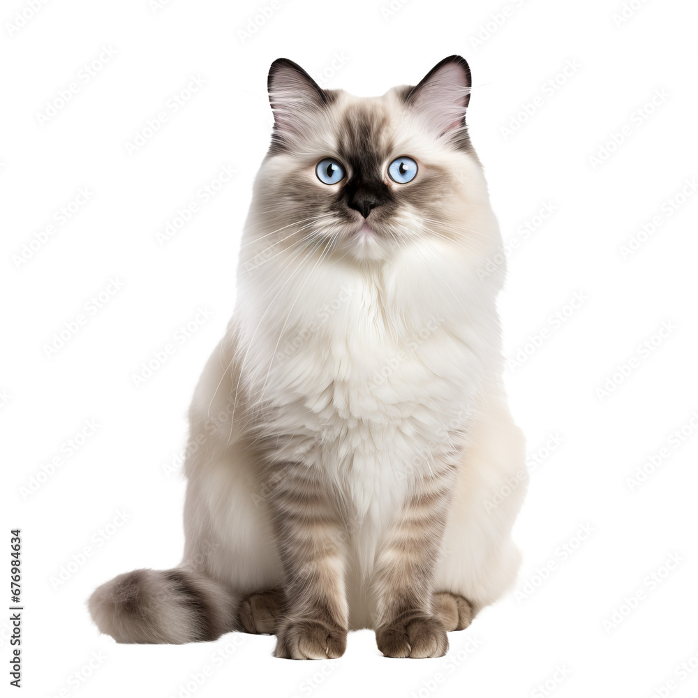 A full-body Ragdoll cat with fluffy fur and bright blue eyes, gracefully posed, isolated on a transparent background.