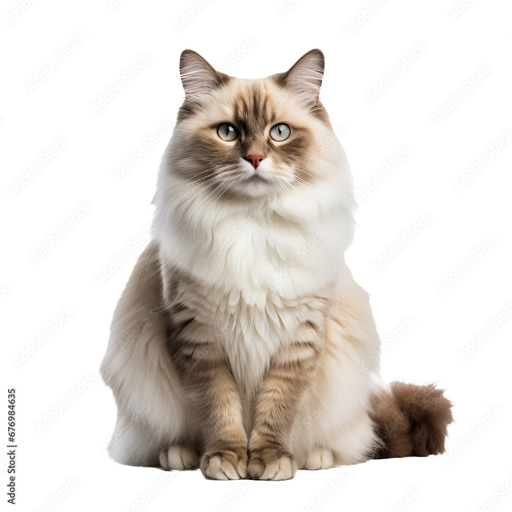 Ragdoll cat with plush coat in full body pose, isolated on transparent background, showcasing its distinct color points and fluffy appearance.
