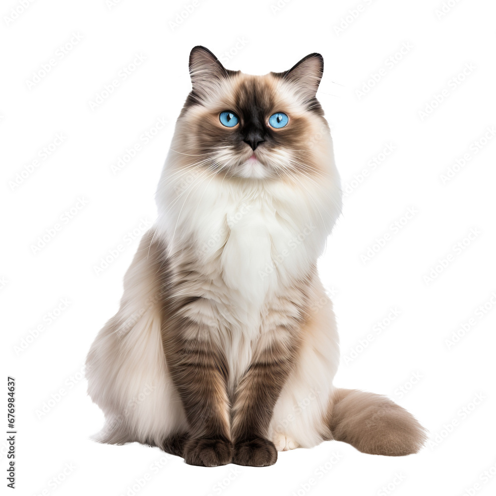 A full-bodied Ragdoll cat, with its distinct markings and plush coat, is elegantly positioned against a transparent backdrop.