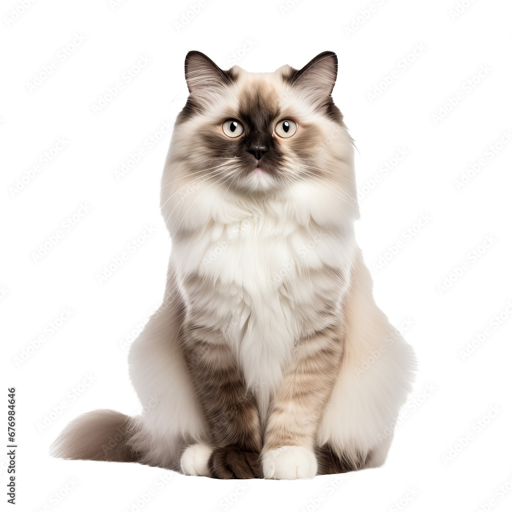 Ragdoll cat with lush fur in full view, poised elegantly, showcased against a seamless transparent backdrop.