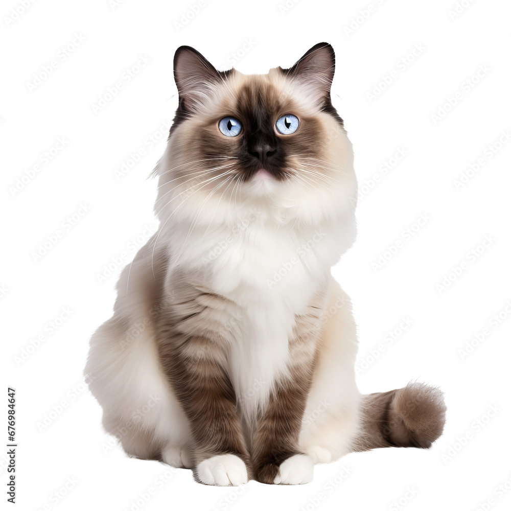 Ragdoll cat, with its lush coat and captivating blue eyes, stands elegantly, full body visible, against a transparent backdrop.