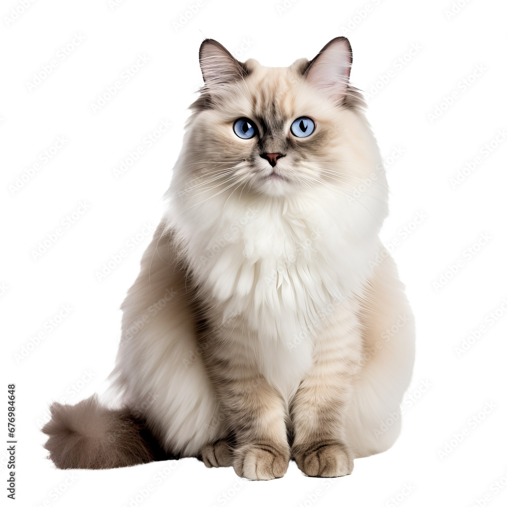 Ragdoll cat with fluffy fur in full body view, posing elegantly against a transparent backdrop.