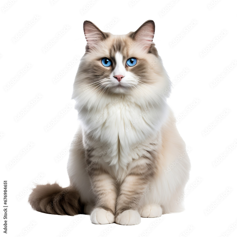 A Ragdoll cat with soft, long fur and striking blue eyes is displayed in a relaxed full-body pose against a transparent background.