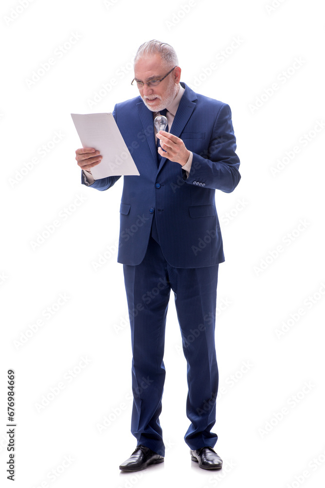 Old businessman in happy idea concept isolated on white Old businessman in happy idea concept isolated on white