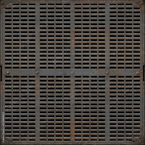 Seamless steel floor plate background texture. Tileable industrial rusted scratched metal grate or grille bulkhead panel pattern. 4k high resolution silver grey rough metallic iron 3D rendering.