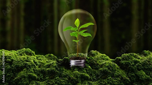 Eco lightbulb with nature energy. The concept of sustainable resources. forest conservation, Low carbon concept. Plant growing in the bulb concept. Environmental protection, energy sources photo