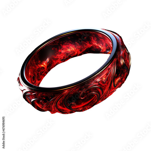 A red fantasy ring, ornate and stunning, floats on a transparent backdrop, its decorations shimmering exquisitely.