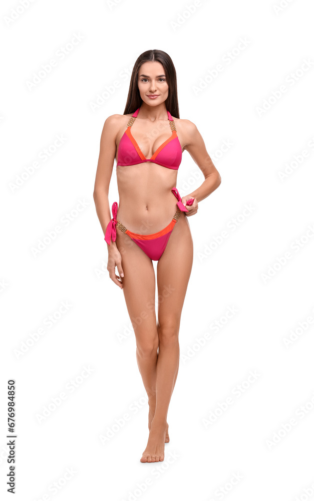 Young woman in stylish bikini isolated on white Young woman in stylish bikini isolated on white