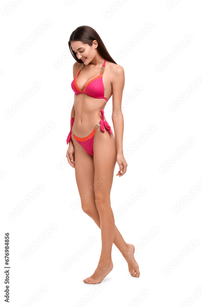 Young woman in stylish bikini isolated on white Young woman in stylish bikini isolated on white