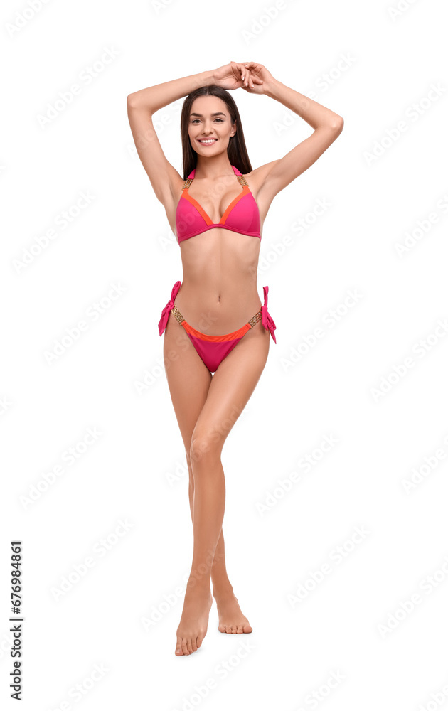 Young woman in stylish bikini isolated on white Young woman in stylish bikini isolated on white
