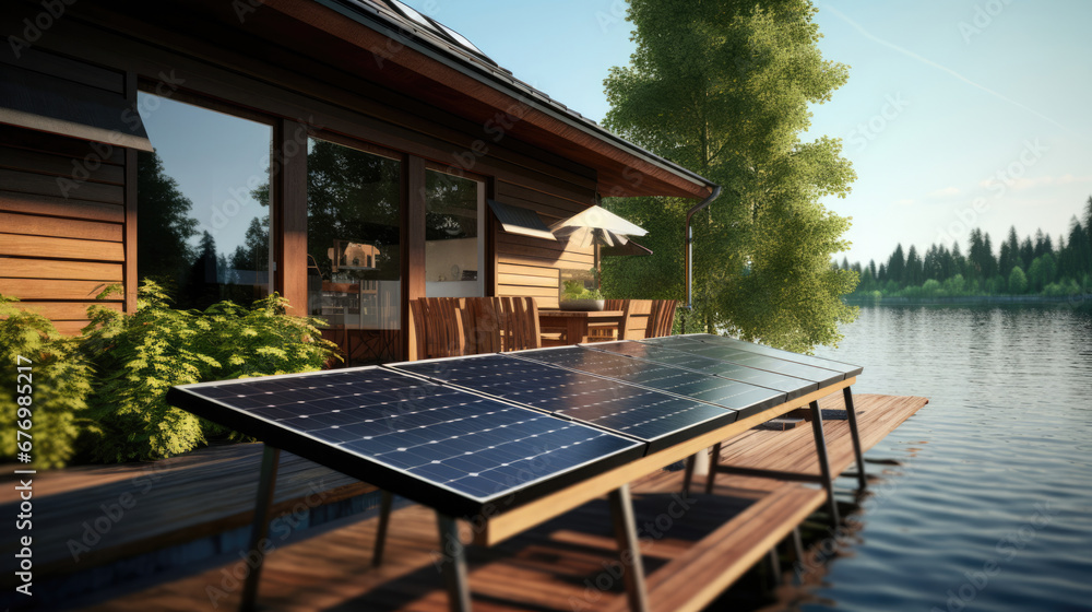 Obraz premium Solar panels on a lakeside cottage