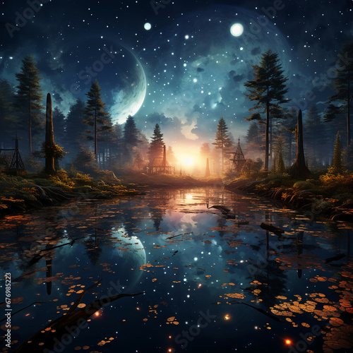 A fantasy completely still lake reflecting beautiful stars above. AI generative