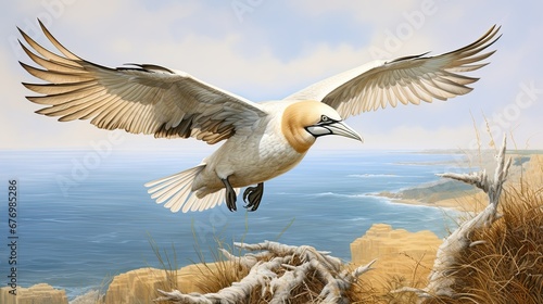 Flying Northern gannet Morus bassanus with nesting photo