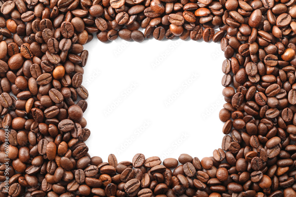 Frame of roasted coffee beans on white background, top view Frame of roasted coffee beans on white background, top view