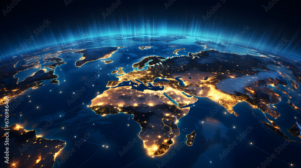 At night, planet Earth is seen from space, showing Asia, Europe, Northern Africa, and the Middle East connected to the rest of the world, illustrating the concept of a global community, - obrazy, fototapety, plakaty 