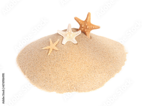 Sand with many beautiful sea stars isolated on white